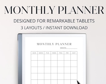 Monthly Planner for reMarkable | Minimalist Undated Digital Calendar PDF | 3 Layouts, Monday & Sunday Start