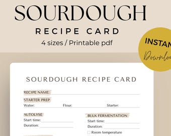 May include: Printable sourdough recipe card with sections for recipe name, starter prep, autolyse, fermentolyse, stretch and folds, bulk fermentation, pre-shape and final shape, final proof, ingredients, and directions. The card has a tan background with brown text and a brown and tan striped border.