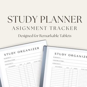 May include: Two black and white printable study organisers for a tablet. Each organiser has sections for subject, instructor, contact, assignment, due date, grade, study task, top priority, notes, and a to-do list.