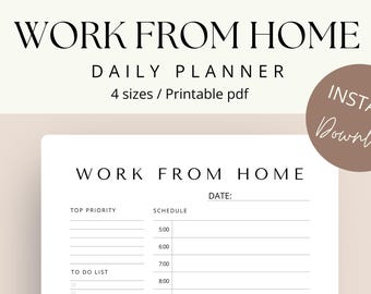 Work From Home Daily Planner: Printable Productivity To-Do List (4 Sizes) (PDF)