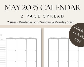 Academic Calendar Personal Size Inserts | Printable Monthly Planner May 2025 | Digital PDF Study Organizer