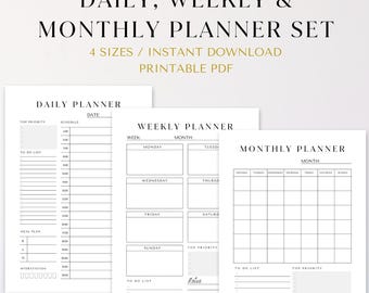 Planificadores de productividad imprimibles (diarios, semanales, mensuales) y de estudio para personas con TDAH (minimalistas, en formato A4, A5, carta de EE. UU., media página)
