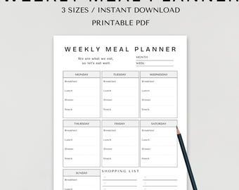 May include: A printable weekly meal planner with a shopping list. The planner is divided into seven days of the week, with space for breakfast, lunch, dinner, and snacks. The shopping list is on the right side of the page.
