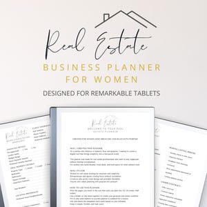 May include: A black and white image of a planner for real estate professionals. The planner is designed for women and includes sections for client information, financing details, ideal property criteria, location preferences, timeline and motivation, and more. The planner is designed for use with a tablet.
