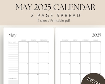 May 2025 Calendar Printable – 2 Page Monthly Layout | Monday + Sunday Start | A4 A5 US Letter Half Letter