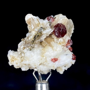 Könnte beinhalten: Nahaufnahme einer Mineralprobe mit einem Cluster aus weißen, beigen und klaren Kristallen. Mehrere tiefrote, facettierte Granatkristalle sind über die Probe verstreut. Das Mineral ist auf einem silbernen Ständer vor schwarzem Hintergrund montiert.