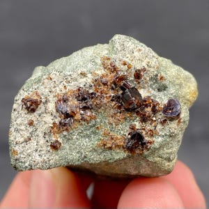 May include: A close-up of a rough, green-grey rock formation with clusters of dark red-brown crystals. The crystals have a reflective, glassy appearance, contrasting with the matte texture of the base rock. A small, dark purple crystal is also visible.