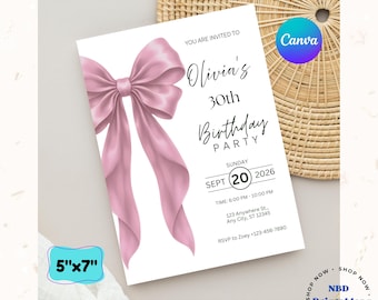 Editable Pink Bow Birthday Invitation Template | Elegant Coquette Party (Digital Download)