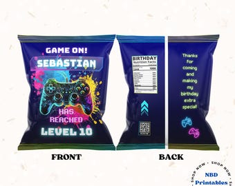 Modello modificabile per sacchetti di patatine per compleanno a tema videogiochi / Bomboniera per feste su Canva (Download digitale)