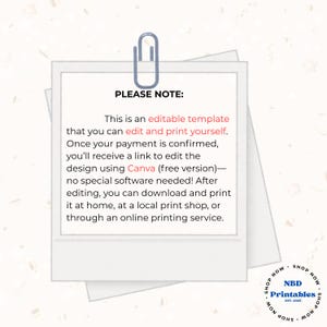 May include: A white rectangular card with the text "PLEASE NOTE: This is an editable template that you can edit and print yourself." A silver paperclip is attached to the top. The card is on a white background.