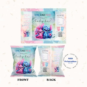 May include: A baby shower themed chip bag design. The front features the text "HE OR SHE What Will baby be?" with a pink and blue Stitch character design. The back includes nutrition facts and a QR code.