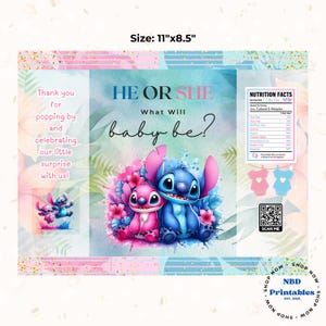 May include: A gender reveal party invitation with the text "He or She, What Will Baby Be?" featuring the characters Stitch and Angel. The invitation is 11"x8.5" and includes nutrition facts and a QR code.