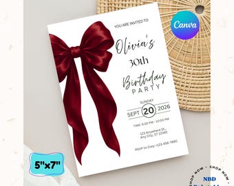 Editable Red Bow Birthday Invitation Template | Elegant Coquette Party (Digital Download)