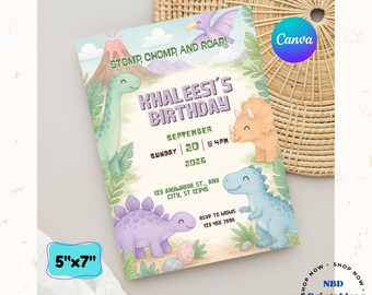 Editable Pastel Dinosaur Birthday Invitation Template | Dino Party Invite Digital Download