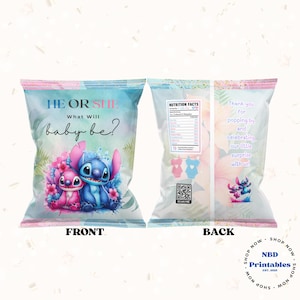 May include: A baby shower treat bag with a blue and pink design. The front reads "He or She, What Will Baby Be?" with Stitch and Angel characters. The back says "Thank you for popping by and celebrating our little surprise with us!"
