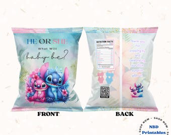 Editable Stitch and Angel Gender Reveal Chip Bag Template | Custom Party Favor (Digital Download)