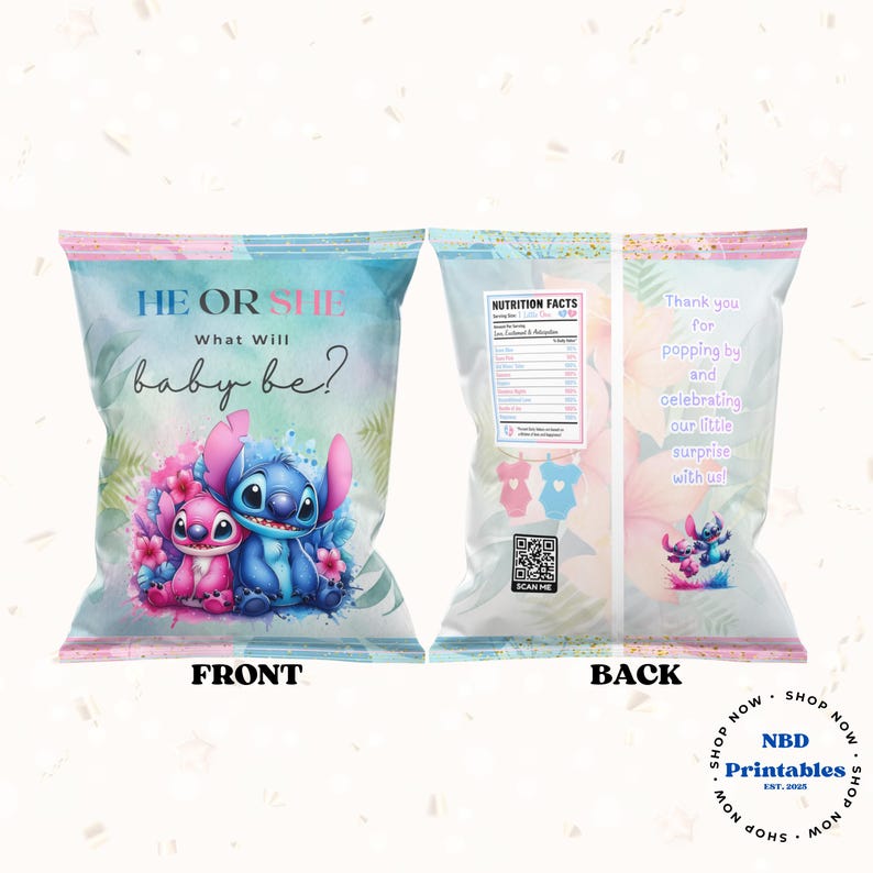 May include: A baby shower treat bag with a blue and pink design. The front reads "He or She, What Will Baby Be?" with Stitch and Angel characters. The back says "Thank you for popping by and celebrating our little surprise with us!"