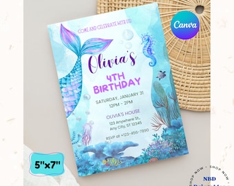 Editable Mermaid Birthday Invitation Template | Under the Sea Party Invite | Digital Download
