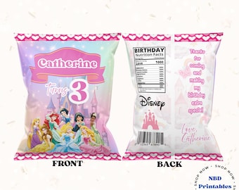 Editable Disney Princesses Chip Bag Template | Birthday Party Favor | Printable Instant Download