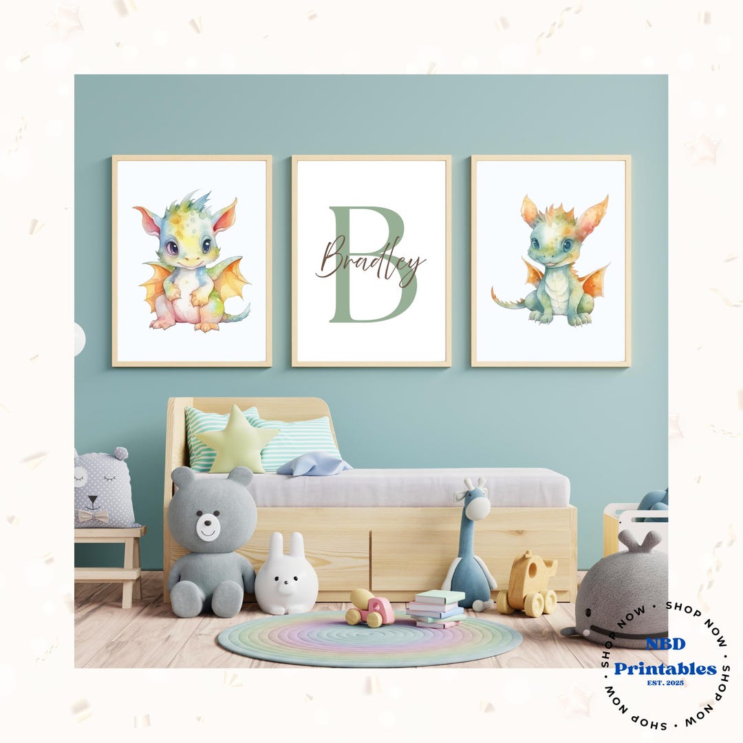 Personalized Dragon Watercolor Print Set: Fantasy Nursery Wall Art ...