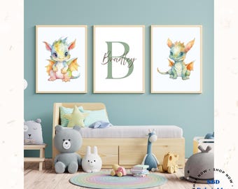 Personalized Dragon Watercolor Print Set: Fantasy Nursery Wall Art (Digital Download)