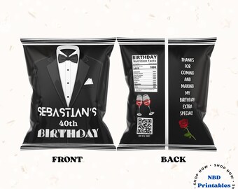 Editable Tuxedo Birthday Chip Bag Template | Black Tie Party Favor (Digital Download)