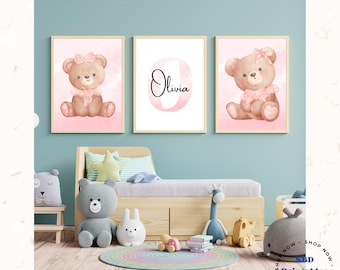 Personalized Teddy Bear Nursery Prints with Pink Bows, Set of 3 (Digital Download)