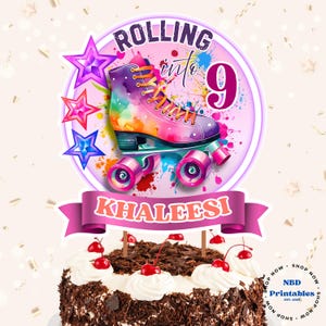 Adorno editable para tarta con diseño de patines / Decoración retro para fiestas de cumpleaños (Descarga digital)