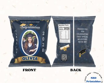 Editable Graduation Chip Bag Template | Custom Party Favor | Senior 2026 Snack Bag Wrapper