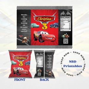 Editable Disney Cars Birthday Chip Bag Template | Custom Party Favor | Lightning McQueen Theme