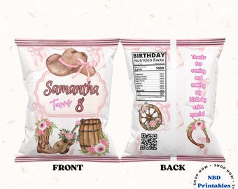 Bewerkbare sjabloon cowgirl-chipzakje: Western Rodeo Party Favor (digitale download)