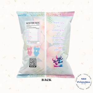 May include: A baby shower-themed chip bag with a floral design in pastel colors. The bag features text that reads "Thank you for popping by and celebrating our little surprise with us!" and includes a QR code and illustrations of baby clothes and Stitch.