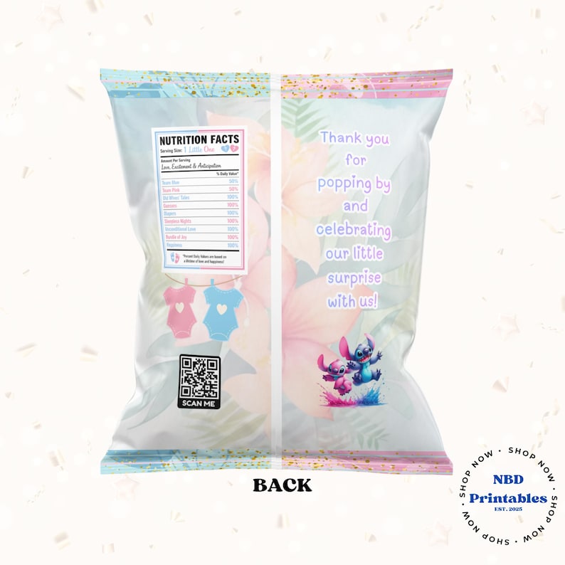 May include: A baby shower-themed chip bag with a floral design in pastel colors. The bag features text that reads "Thank you for popping by and celebrating our little surprise with us!" and includes a QR code and illustrations of baby clothes and Stitch.