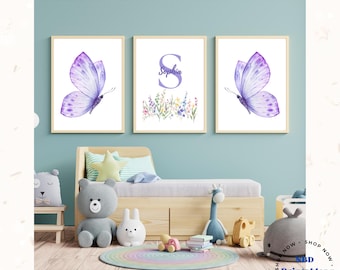 Personalized Purple Butterfly Watercolor Print Set: Nature Nursery Decor (Digital Download)
