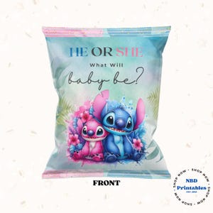 May include: A colorful party favor bag with the text "HE OR SHE What will baby be?" featuring watercolor illustrations of Stitch and Angel from Lilo & Stitch. The bag is decorated with pink and blue floral accents.