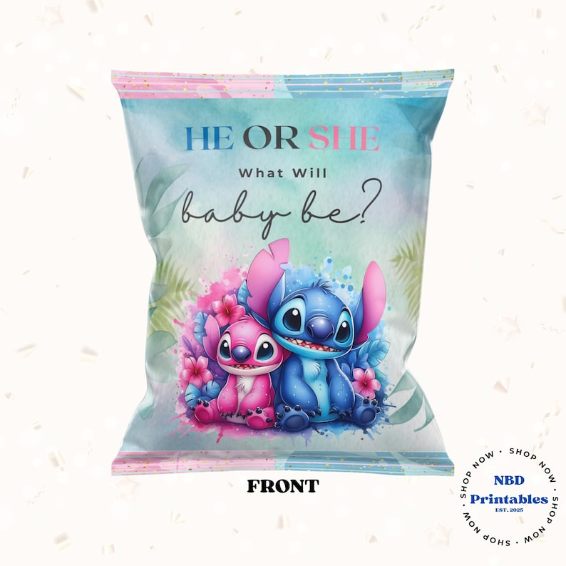 May include: A colorful party favor bag with the text "HE OR SHE What will baby be?" featuring watercolor illustrations of Stitch and Angel from Lilo & Stitch. The bag is decorated with pink and blue floral accents.