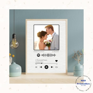 Può includere: Stampa incorniciata con una foto di matrimonio e un'interfaccia del lettore musicale in stile Spotify. La stampa mostra i nomi "Emma & David" e la data "12.08.2009". Il titolo della canzone è "A Thousand Years" di Christina Perri.