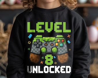 SVG de jugador de cumpleaños de nivel 8 desbloqueado: camiseta de niño de 8.º cumpleaños (archivo digital)
