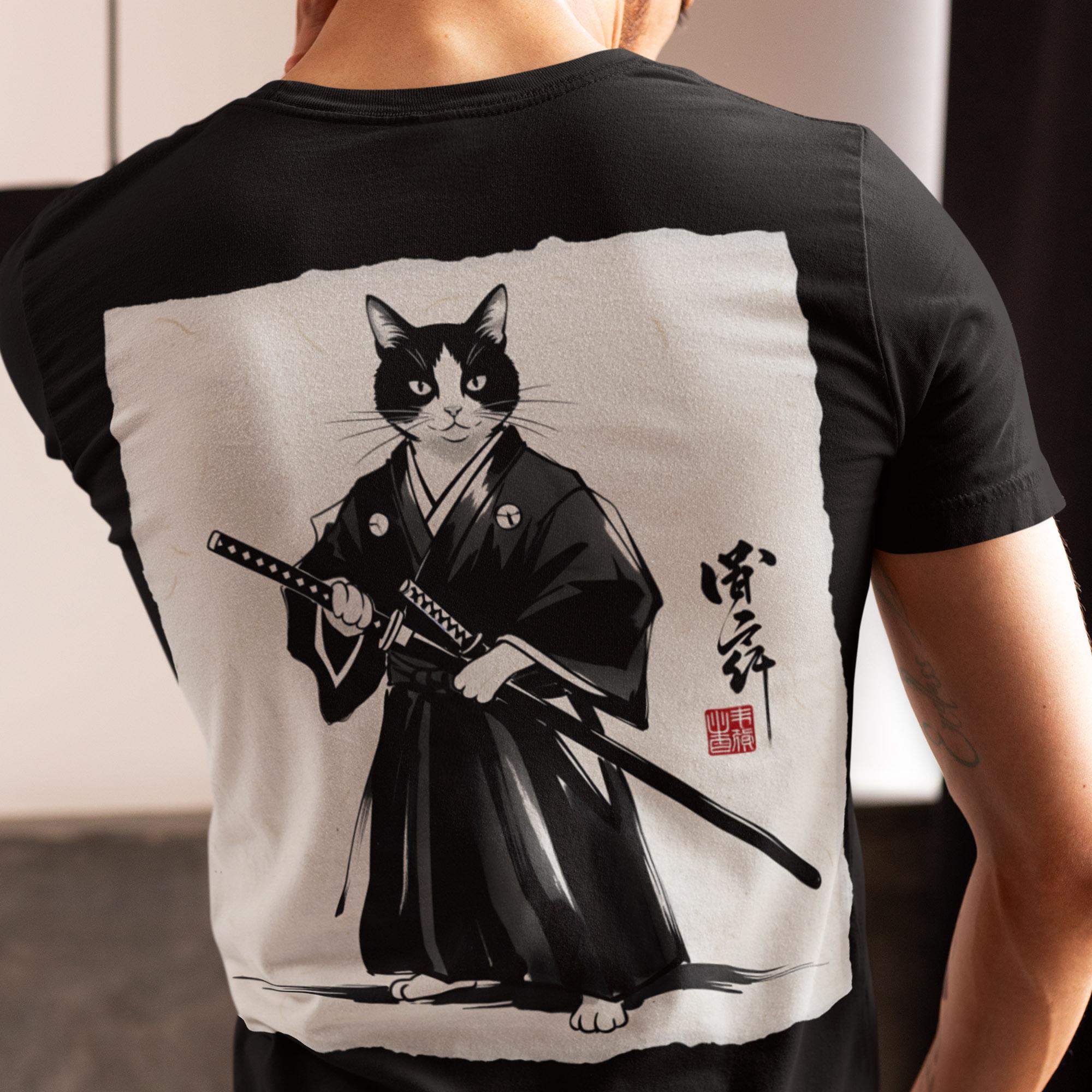 Samurai Cat Graphic T-Shirt – Vintage Japanese Art Anime Style Tee