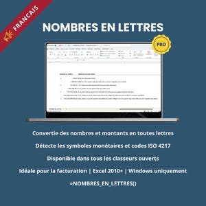 May include: A laptop screen displays a spreadsheet with numbers and their written forms. The text "NOMBRES EN LETTRES" is at the top, with additional text below describing the software's features and compatibility with Excel 2010+ and Windows.