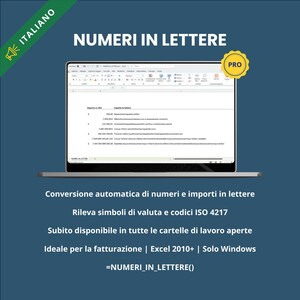 May include: A laptop screen shows a spreadsheet with numbers and text, labeled "NUMERI IN LETTERE" in Italian. The screen displays a document with currency conversions. Additional text includes "Conversion of numbers and amounts in letters".