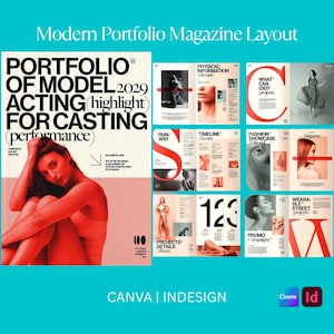 Plantilla de revista de portafolio moderna (A4 y carta), folleto de Canva e InDesign, lookbook editorial, diseño plegable, revista de portafolio de modelos.