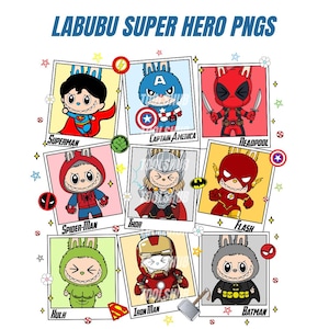 Imágenes PNG de superhéroes de Labubu: adorables superhéroes animales para manualidades, estampados de camisetas y más