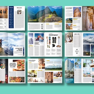 Plantilla de revista de viajes Journey / Diseño editable de 20 páginas en Canva e InDesign / Diseño moderno A4 para creadores, blogueros y editores