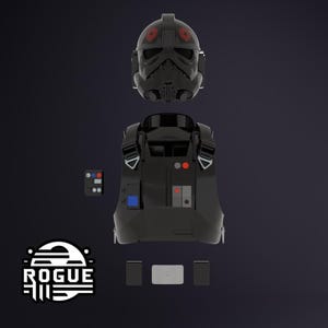 May include: A black helmet, chest armor, and accessories, possibly for cosplay or costume. The helmet features red accents and a unique design. The chest armor has various buttons and details. The image is set against a dark background.