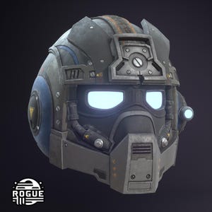 Puede incluir: Un casco futurista gris y azul con aberturas oculares blancas brillantes. El diseño incluye tornillos, tubos y un respirador visibles. El logotipo "ROGUE III" es visible en la parte inferior izquierda.