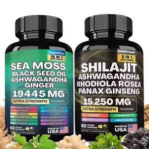 May include: Two black supplement bottles with green and black labels. The left bottle reads "Sea Moss" and "19,445 MG". The right bottle reads "Shilajit" and "15,250 MG". Both bottles are labeled "Extra Strength" and "Made in USA".