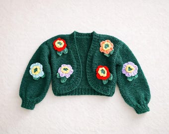 Chunky Knit Crop Cardigan, Green 3D Floral Sweater, Mother’s day gift