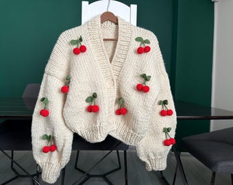Handmade Cream Cherry Chunky Knit Cardigan, Fruit Embroidery Sweater