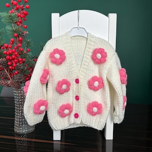 Handmade Knit Baby Cardigan: Wool Blend with Acrylic Flower Appliqués